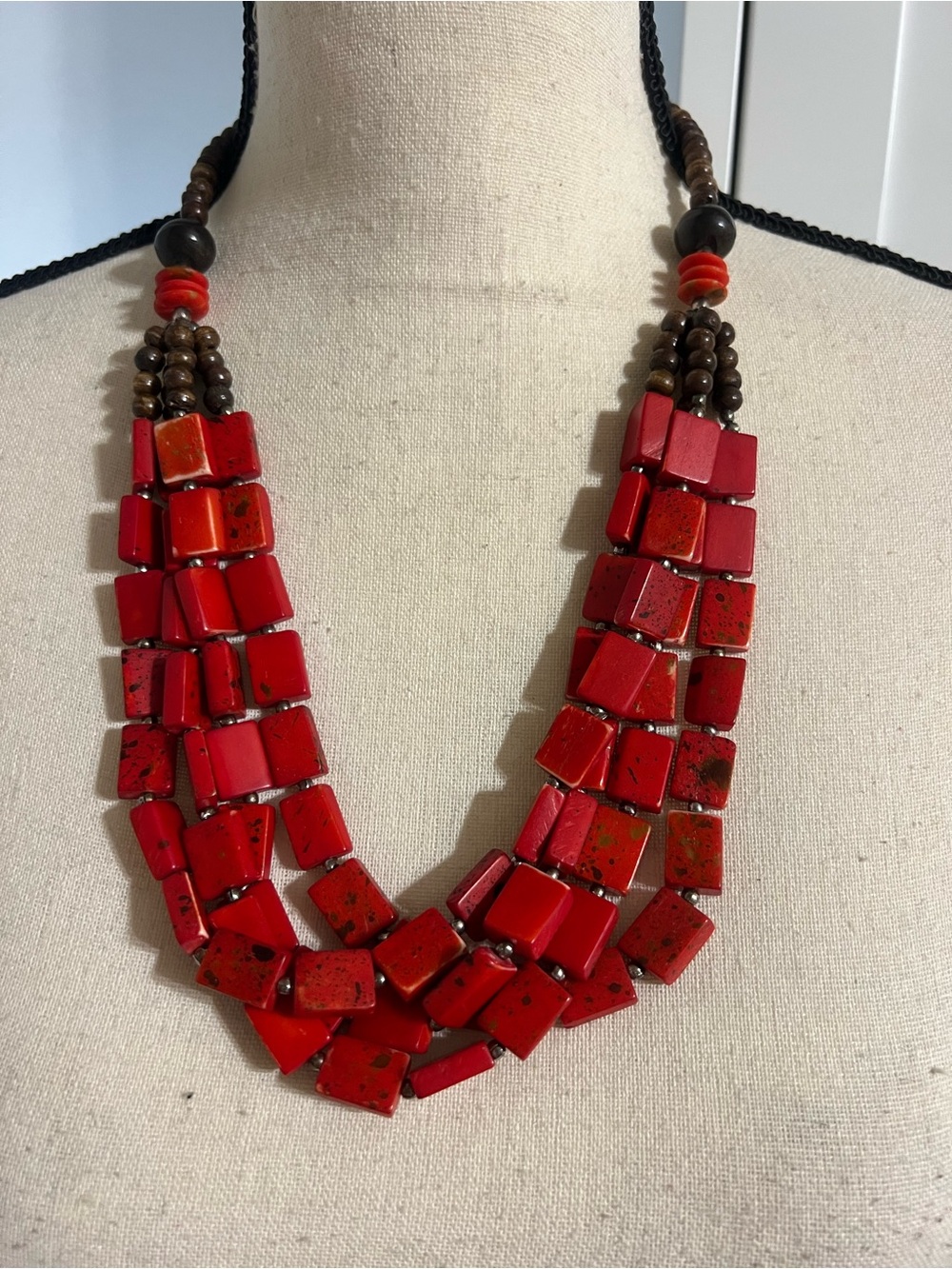 Three-Strand Red Beaded Statement Necklace